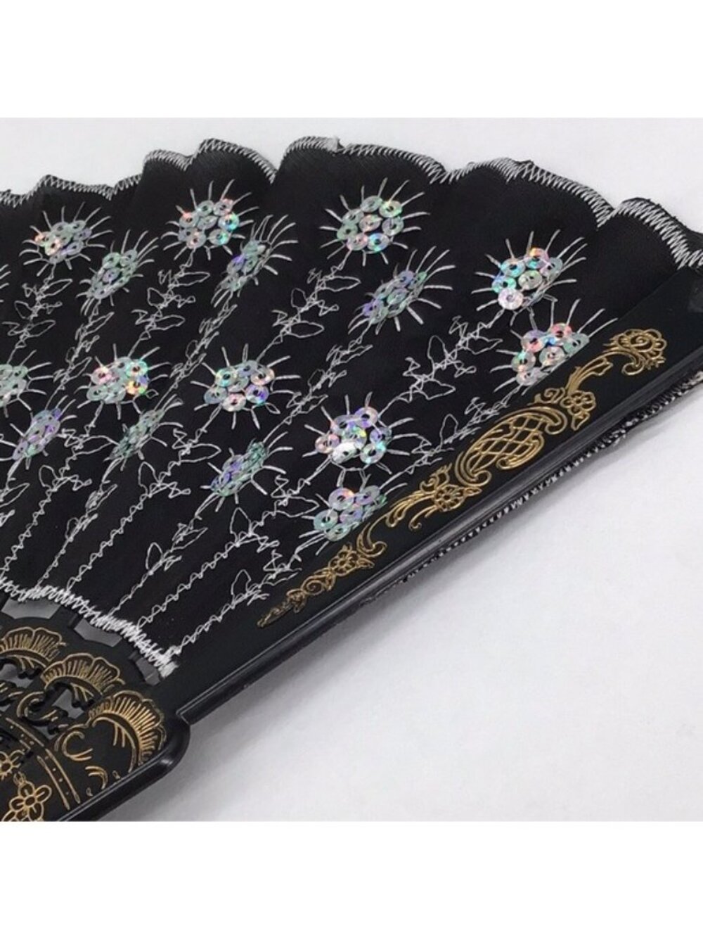 Decorative Black Hand Fan With Gold Detailing & Sequin Floral Design